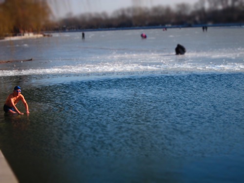 Visiting Beijing in Winter Ice swimmers in Houhai Lake in Winter