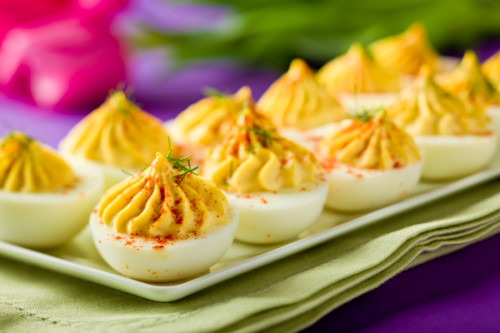 A stock pic of some devilled eggs, 'cos we weren't hungry at the time.